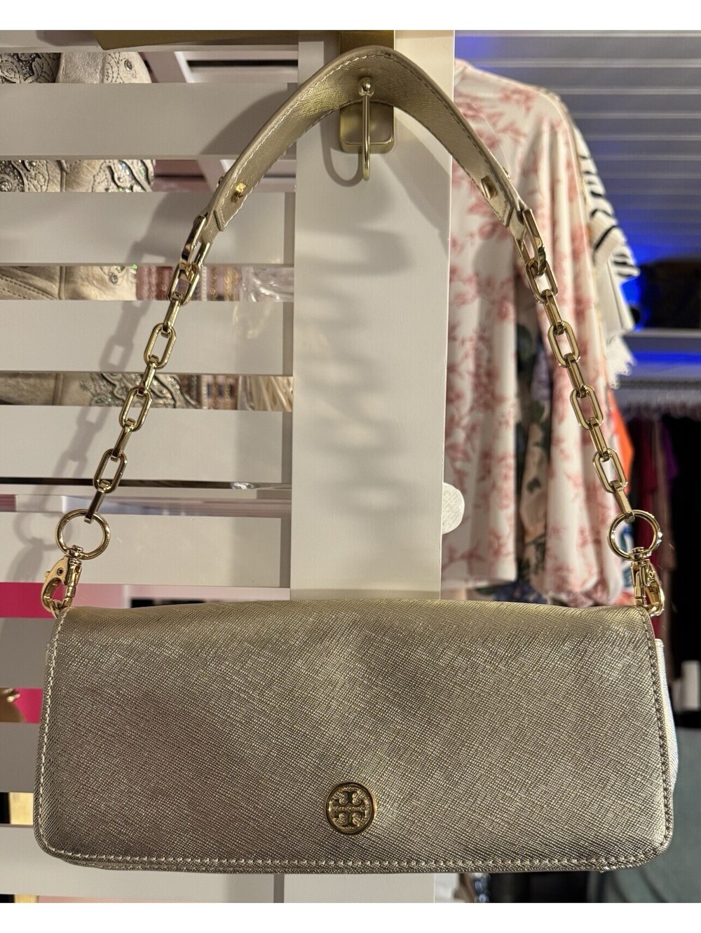 Tory Burch Gold Clutch Chain Strap Detachable Logo Accent